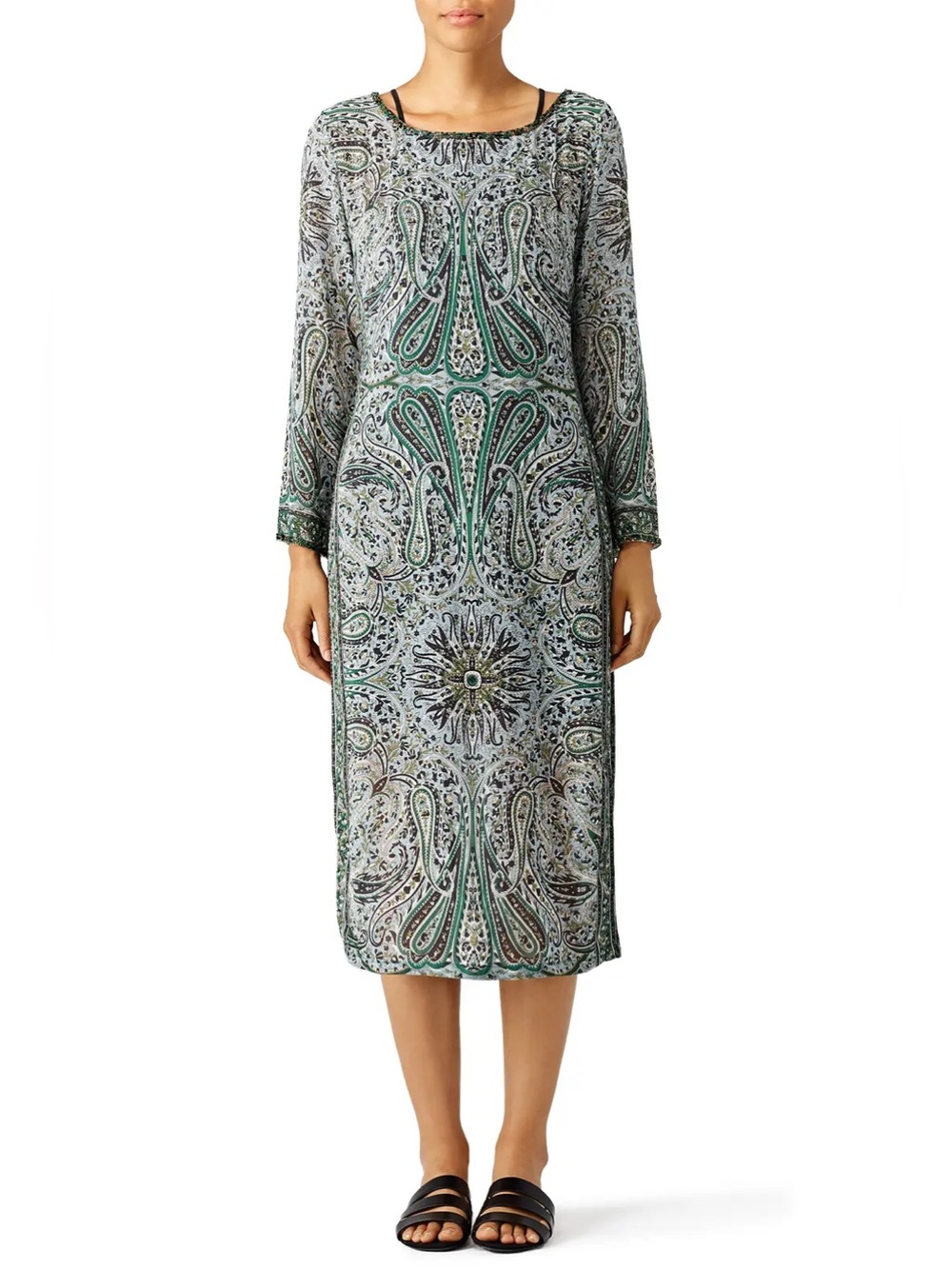 Calypso St. Barth Emerald Paisley Beaded‎ Silk Tunic Midi Dress